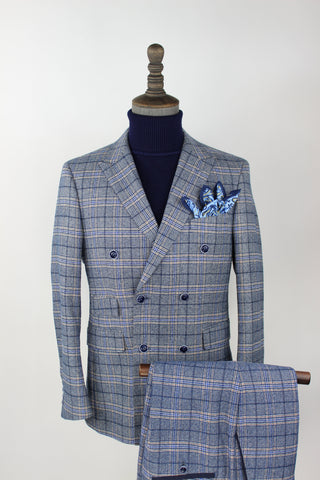 2 PC'S Double Breasted Blue Plaid Suit