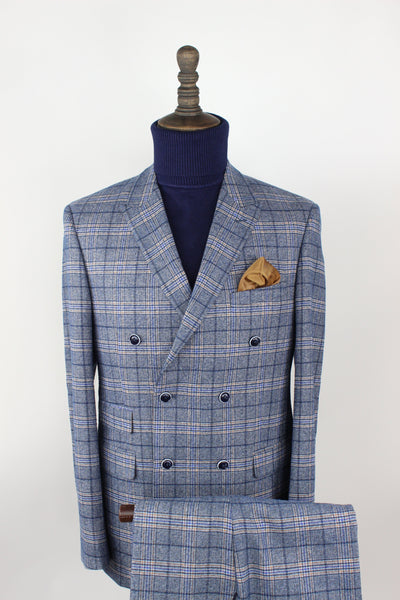 2 PC'S Double Breasted Blue Plaid Suit